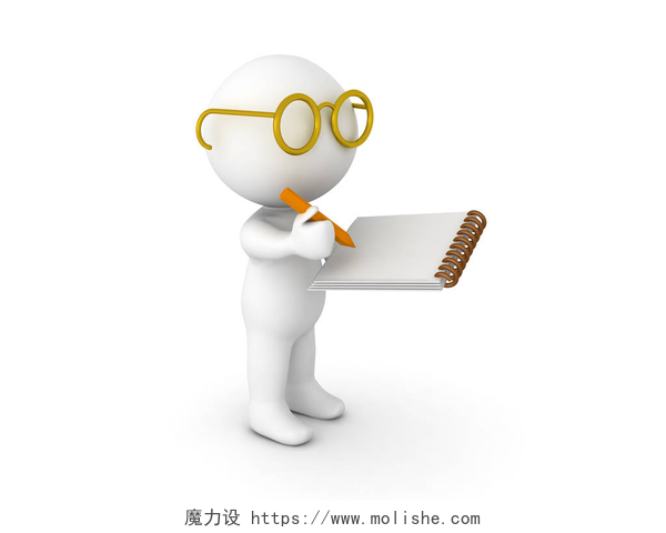 白色背景上戴眼镜的3d小人手拿笔记本打扮成研究员写在记事本上的 3d 角色